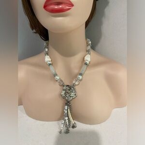 Crisca Silver Tone Rose Faux Pearls And Opals White Beads Necklace